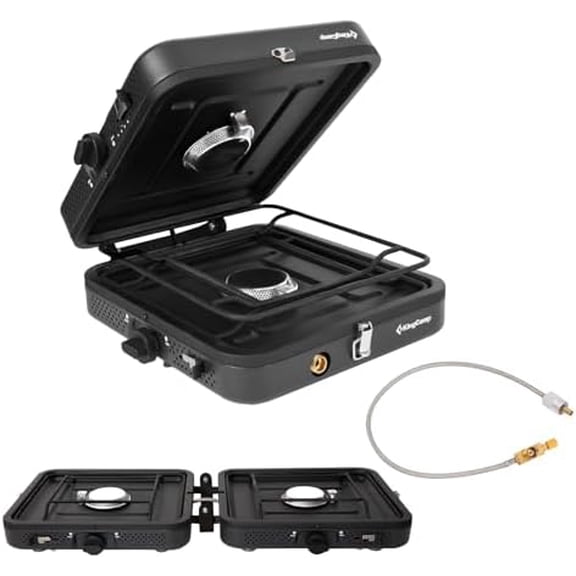 2 Burner Camping Stove，Portable Folding Stove with 20000 BTU，Backpacking Camp Stove for Outdoor Cooking，2 Adjustable Burners & Piezo Ignition for BBQ Hiking Backpacking Camping