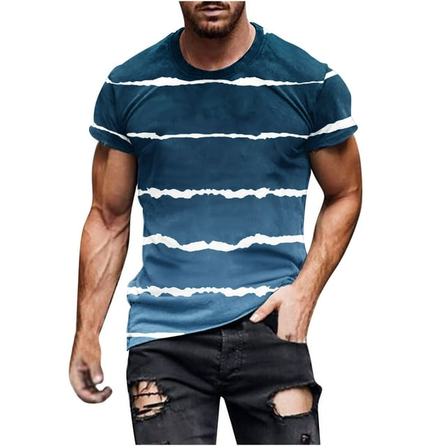 Penkiiy T-Shirt Homme Décontracté Col Rond Rayé Imprimé Chandail Entraînement Physique Manches Courtes Bleu m