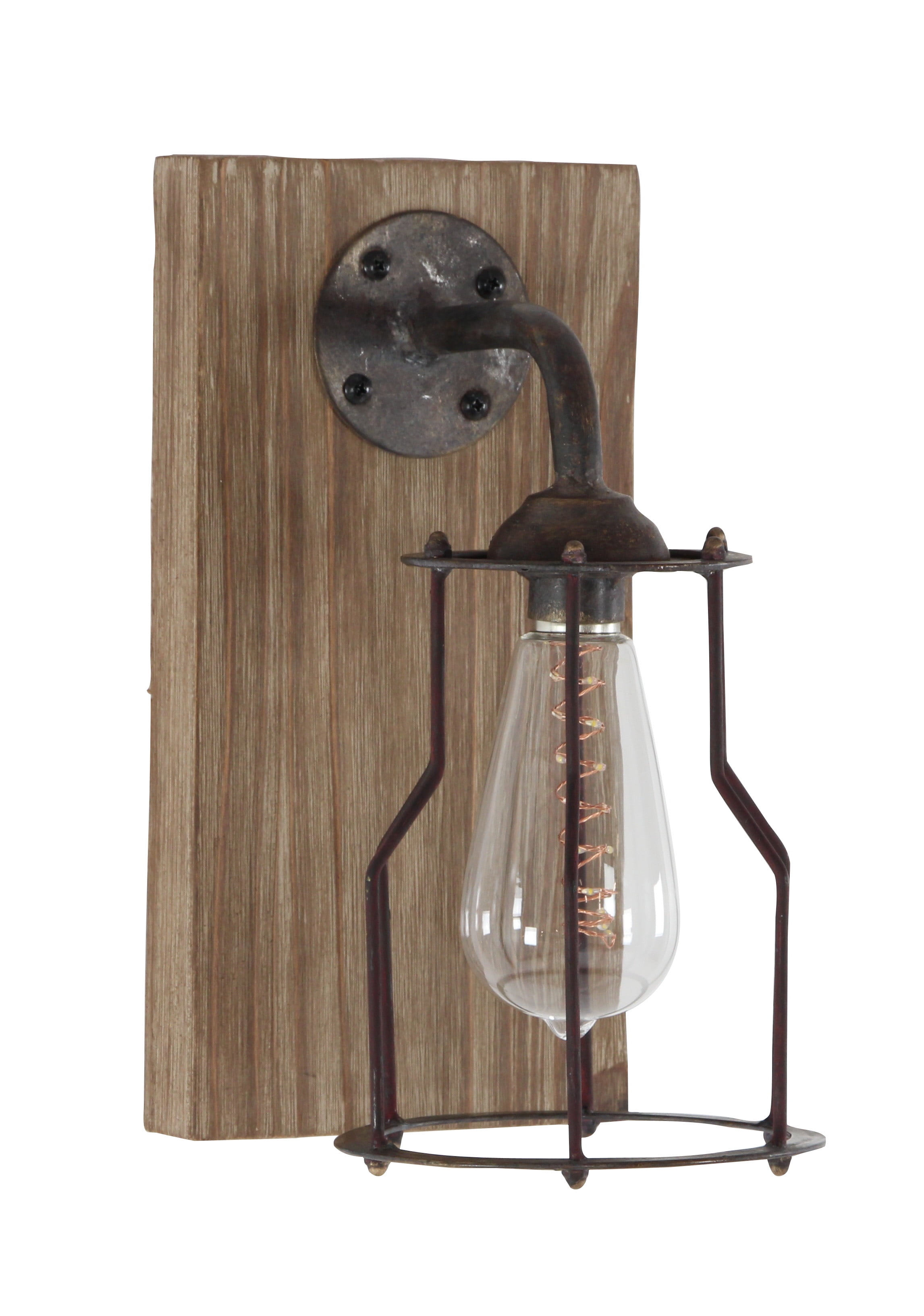 DecMode Industrial Metal Wall Sconce with Wood Backplate and Iron Cage 6