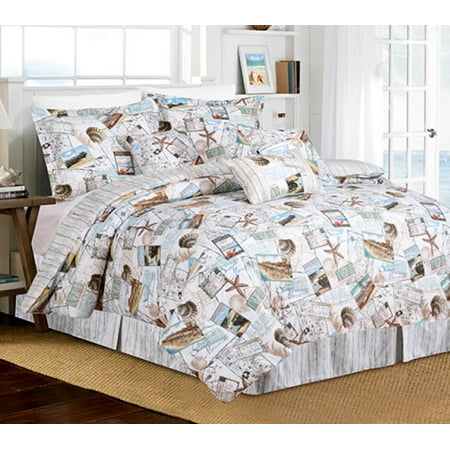 Blue & Tan Postcard, Cottage, Beach House, & Seashells Reversible 7 Piece Queen Comforter Set