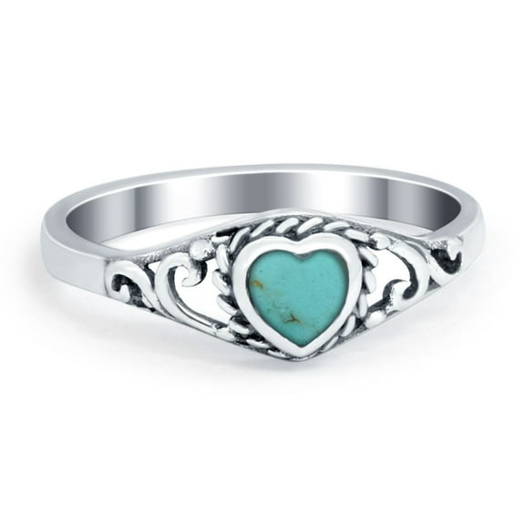 Filigree Heart Ring Turquoise CZ Oxidized 925 Sterling Silver Size 4