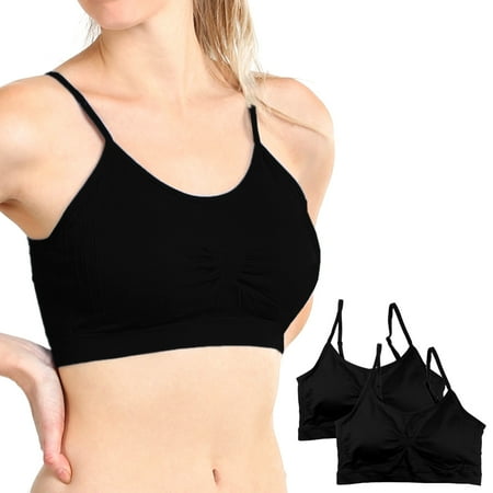 Microfiber Cami Set - 2X Seamless Cropped Sport Cami Bra Spaghetti Strap Removable Pads Black One Size