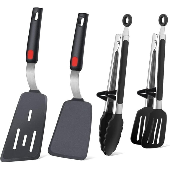 4Pcs Flexible Silicone Spatula Turner Set and Kitchen Food Tongs with Silicone Tips, 600F Heat Resistant Set for Nonstick Cookwar，Kitchen Cooking Utensils BPA Free Rubber