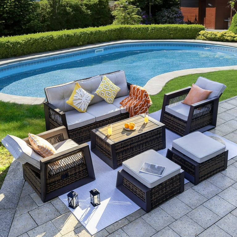 6 Pcs Outdoor Furniture Set Patio Furniture with Aluminum Frame Wicker Recliner Chairs with Ottomans Modern Outdoor Conversation Set Sectional