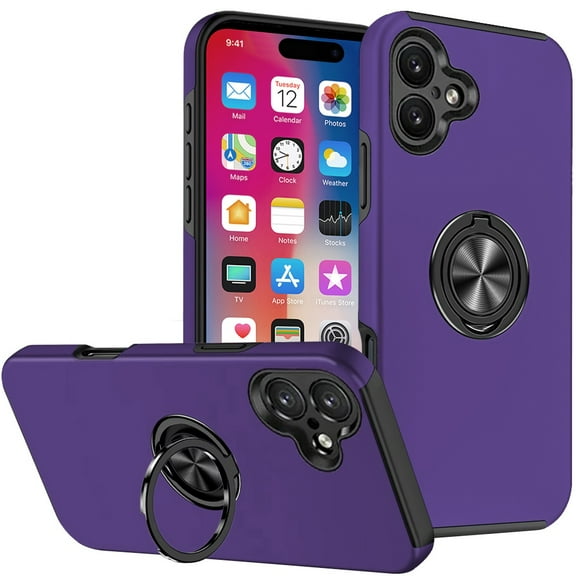 For Apple iPhone 16 (6.1") Hybrid Slim Kickstand with Metal Invisible Ring Stand Holder Fit Magnetic Car Mount Shockproof Cover ,Xpm Phone Case [ Purple ]