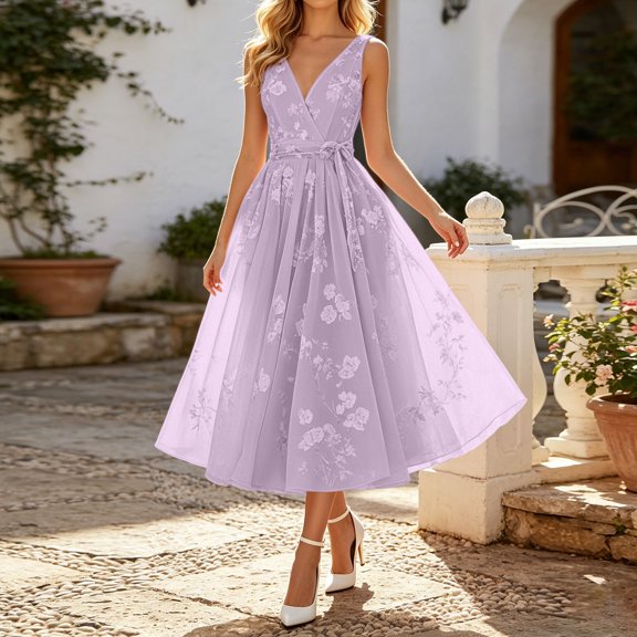 EliteGoogv Womens Cocktail Dresses Sleeveless V Neck Midi Dresses For Women Belted Waist Flowy Fit Summer Dresses Evening Party Dresses Purple