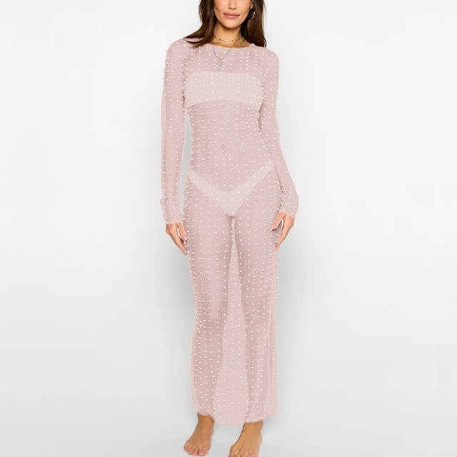 LOVZFMLL Robes Femmes Robe Perles Robes d'Été pour Femmes Robe Longue Maxi pour Femmes Robe de Plage Biker Robe de Couverture Robe Longue à Manches Longues en Maille Transparente