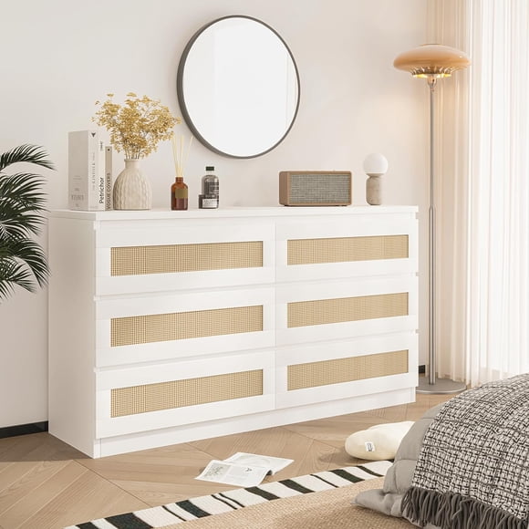 6 Drawer Double Dresser for Bedroom, Rattan Dresser with Smooth Mental Slide, Modern Wood Chest for Closet, Living Room, Hallway, White