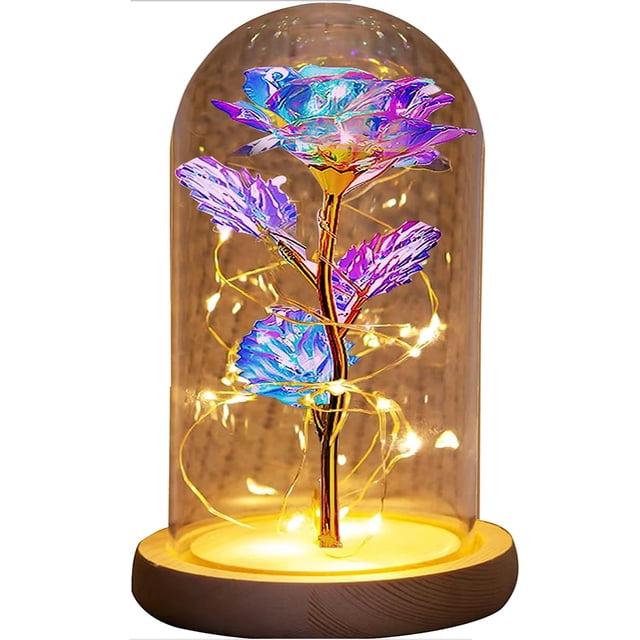 Rosa celestial: rosa artificial con luz LED y base de diamante de cristal para regalo romántico o decoración de interiores
