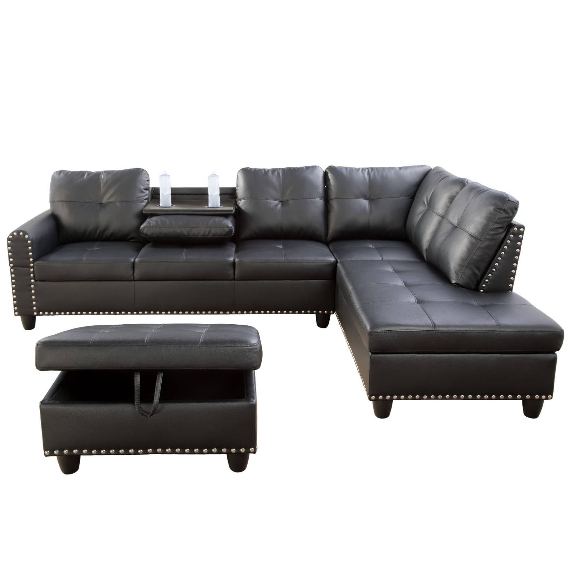 L Shaped Couch Modern Sectional Sofa with Right Chaise & Ottoman Modular Leather Sofa Couch Set for Living Room, Black
