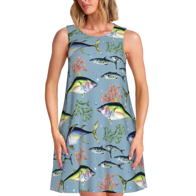 Easygdp Various Wild Sea Fish para Vestido Transpirable de Mujer, Vestido Suelto de Manga Corta con Pliegues y Bolsillos para el Verano
