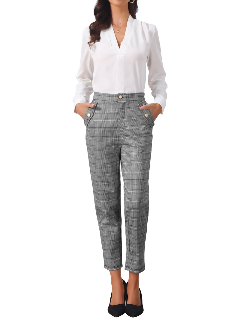 women's grey plaid dress pants H&M Women's Grey Plaid Dress Pants Size 6 Stretch Crop Fit 30x26-1/4 #p38-67