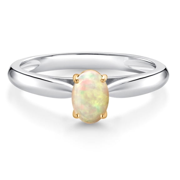 Gem Stone King 0.32 Ct Oval Cabochon White Ethiopian Opal 10K White and Yellow Gold Solitaire Engagement Ring (Size 7)