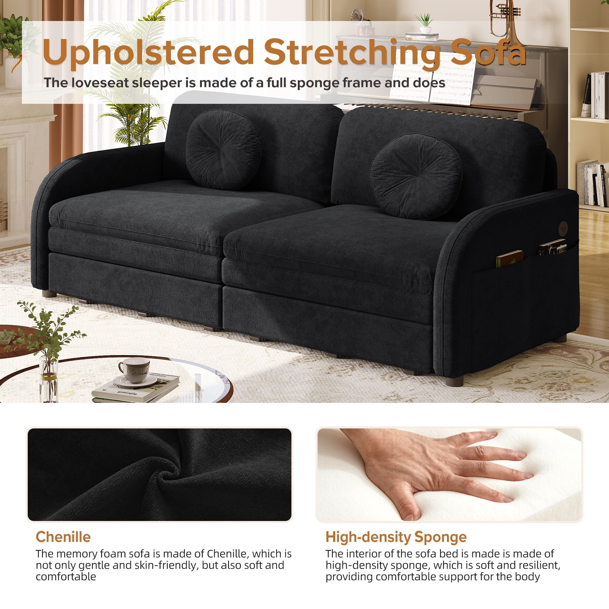 LLappuil Queen Size Pull Out Sofa Bed, Compact Loveseat Sofa Covertible Sofa Bed with USB Port, Side Pocket , Chenille Sofa Couch for Living Room Black