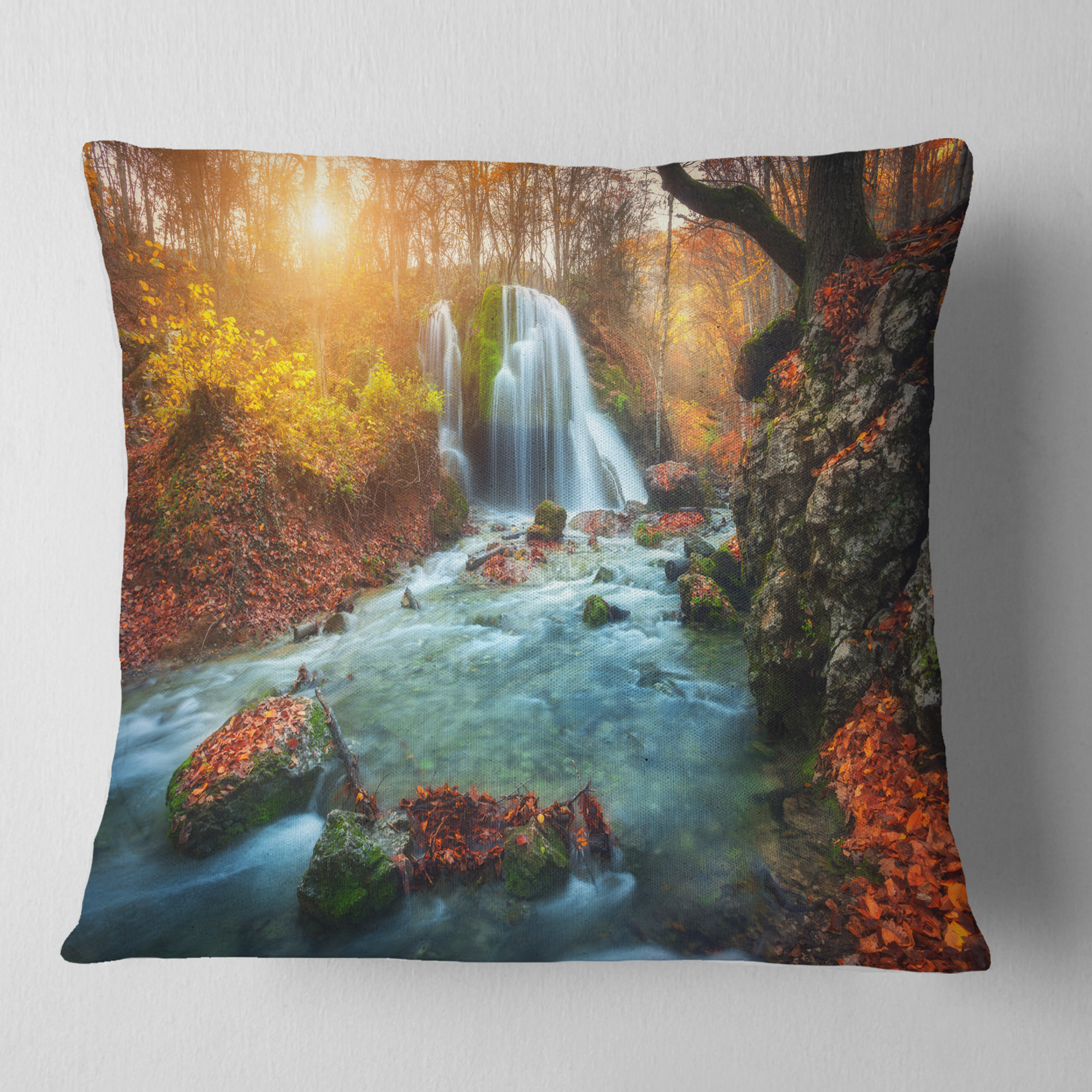 Designart Fast Flowing Fall River in Forest - Landscape Photography Throw Pillow - 18x18