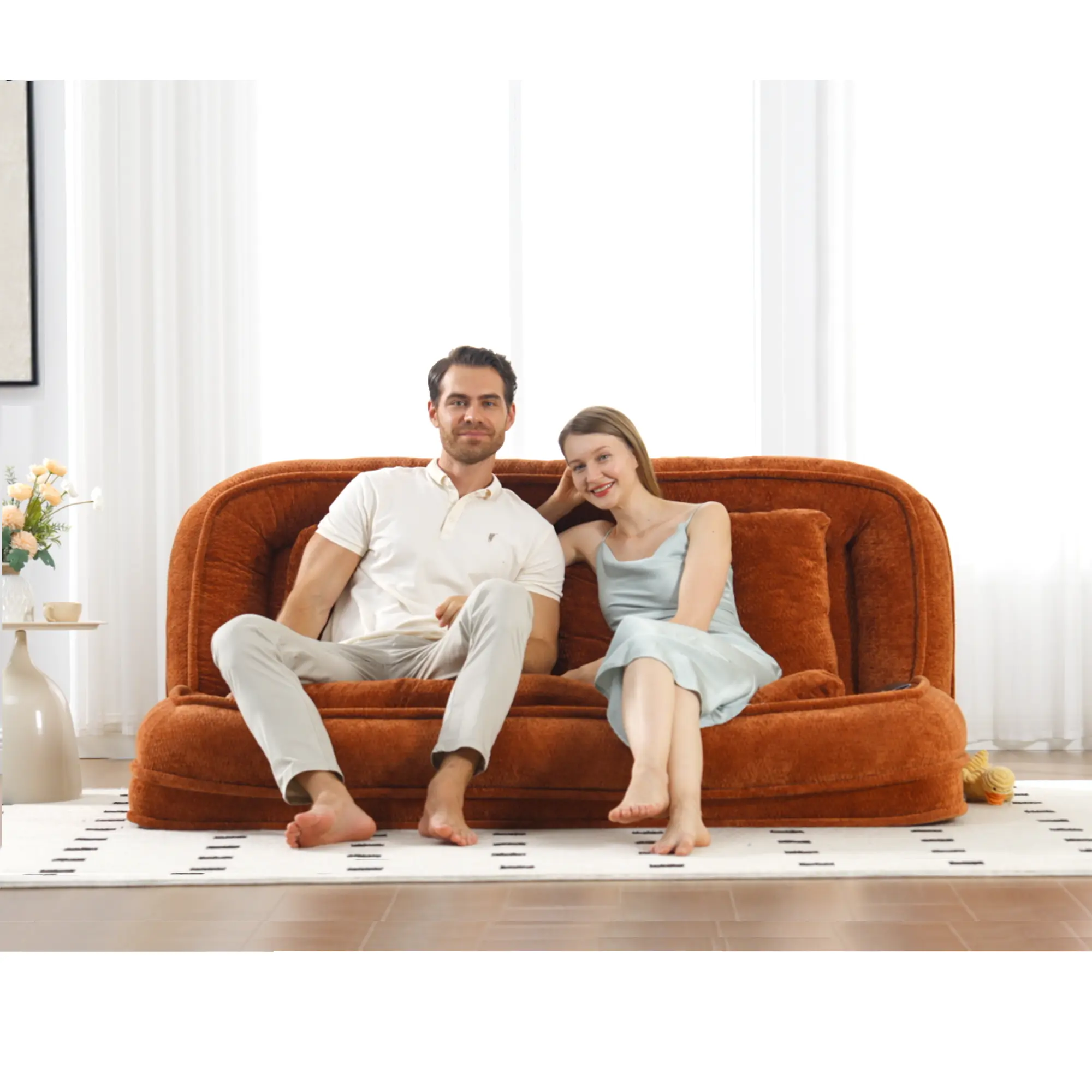 Aukfa Double Human Dog Bed Lazy Sofa Loveseat with Adjustable Backrest, Extra Large 2-Seat Floor Couch with Plump PillowOrange