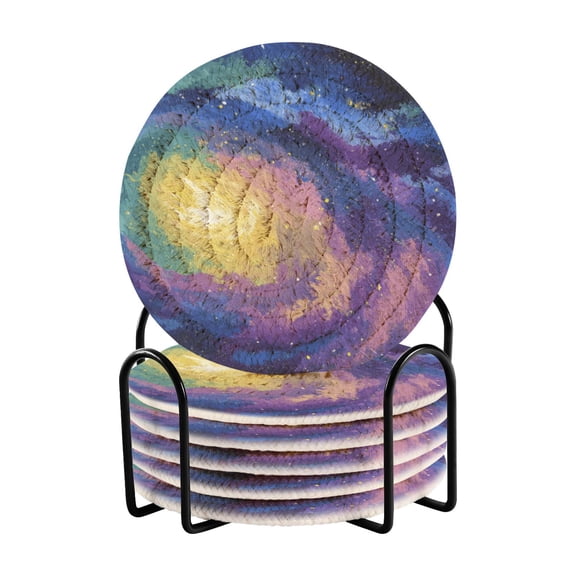 Haosy Set of 6 Drink Woven Coaster with Holder Heat Resistant Non-Slip Bar Coasters 4 Inches Abstract Swirling Galaxy