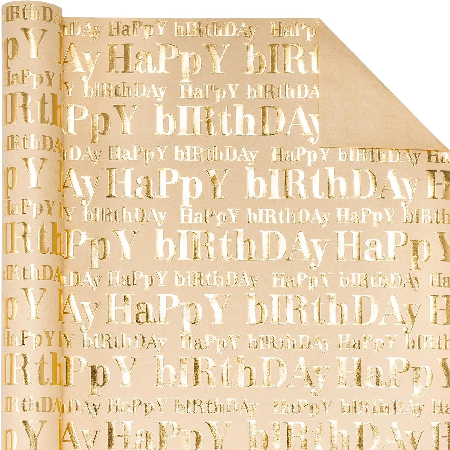3D Kraft Birthday Wrapping Paper Roll - Mini Roll - 17 Inch x 16.5 Feet - Gold and Brown Happy Birthday Lettering Design with Embossed Perfect for Holiday, Party Celebration