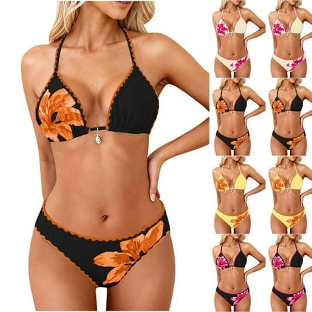 BiZtdJrK Women s Halter Triangle Thong High Cut Bikini 2 Piece Sets Floral Print Beach Bathing Suit Swimwear Pink M