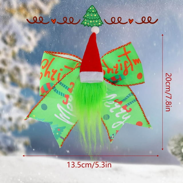 Christmas Bow Decoration With Santa Hat Green Festive Hanging Ornament For Tree Wreath Or Gift Wrapping