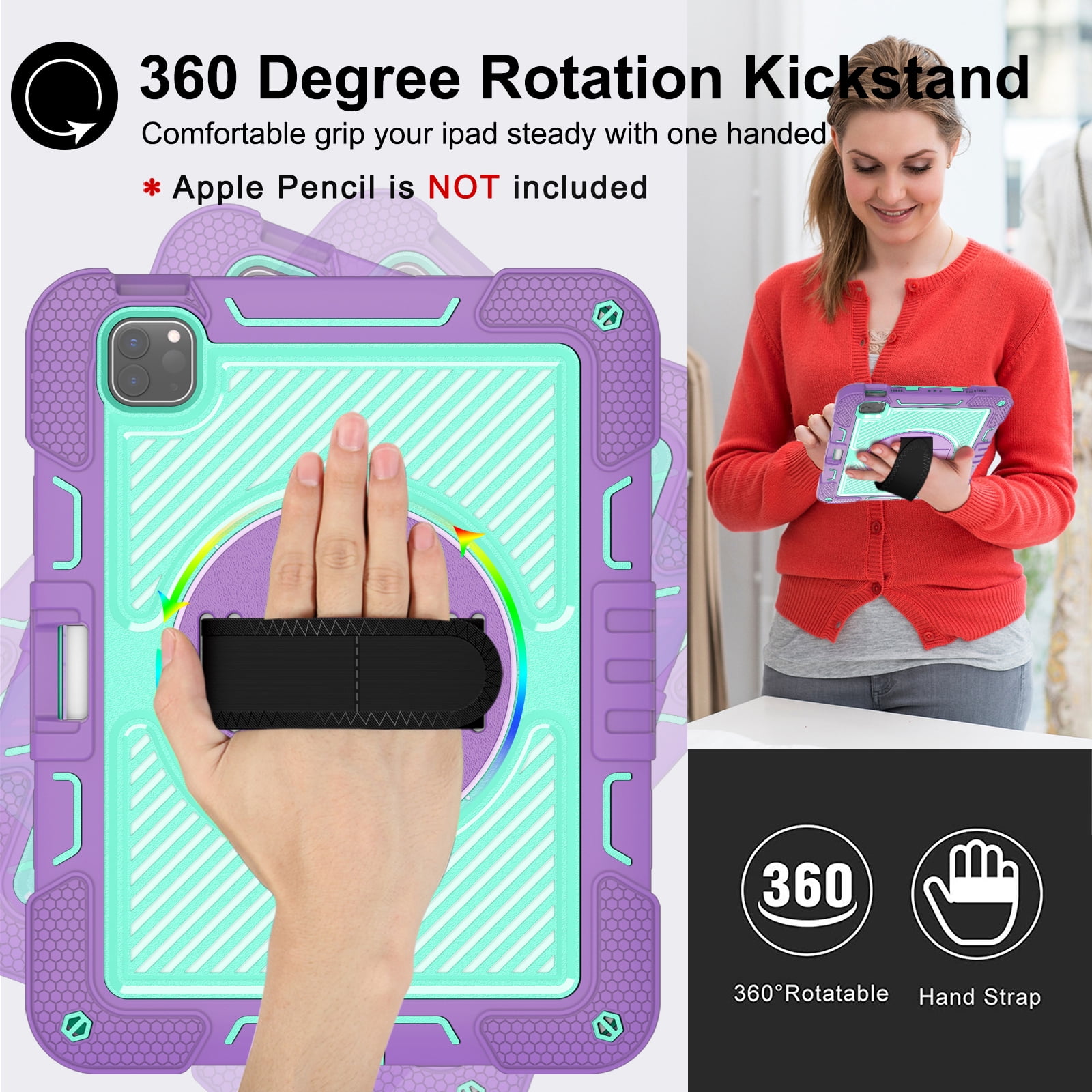 ELEHOLD 3-Layer Shockproof Case For iPad 8th/7th Generation, Rugged Cover with 360° Rotating Kickstand, Wrist Strap, Detachable Shoulder Strap, Pencil Holder, Purple+Mint