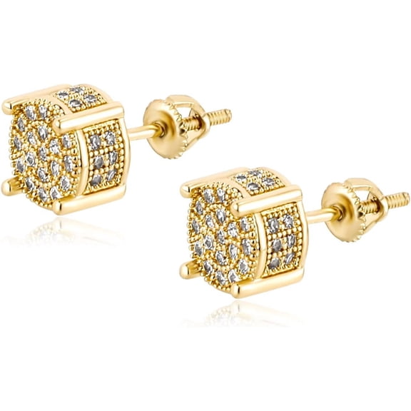 Leander Screw Back Earrings 14K Golden Plated 5A  Cubic Zirconia Cluster Round Screw On Stud Earrings For Men Women Aretes De Hombre