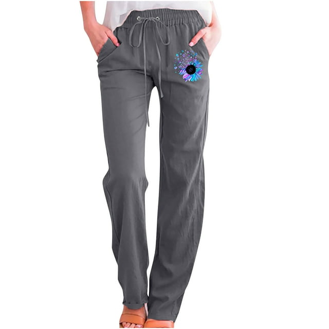 Yuyuzo Womens Cotton Linen Pants Straight Leg Flower Graphic Drawstring High Waisted Lounge Pants Slacks