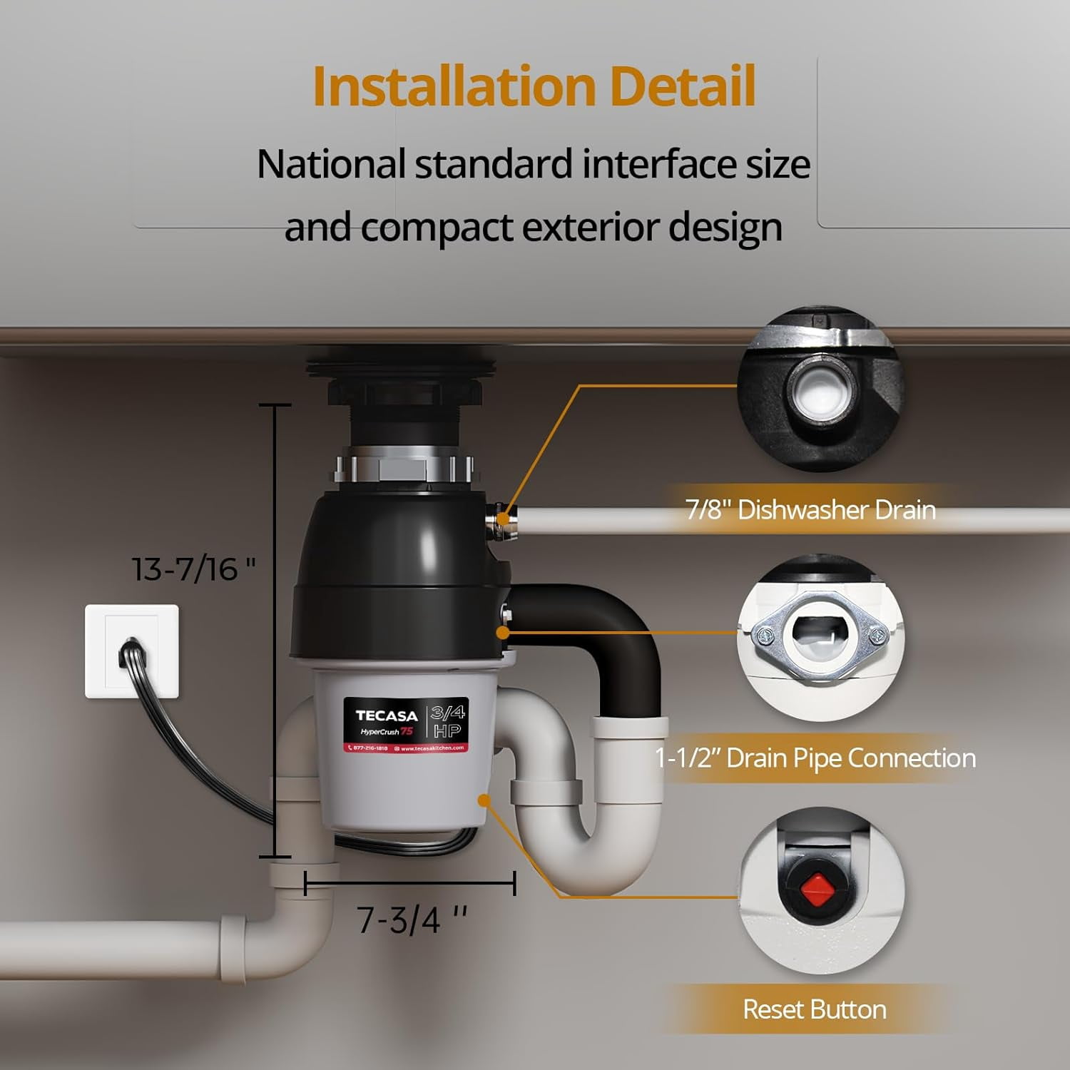 3/4 HP Garbage Disposals with Sound Reduction, TECASA Continuous Feed, Stainless Steel Food Waste Grinding System for Kitchen Sink Food Waste, Power Cord Included, Grey and Black, HyperCrush 75