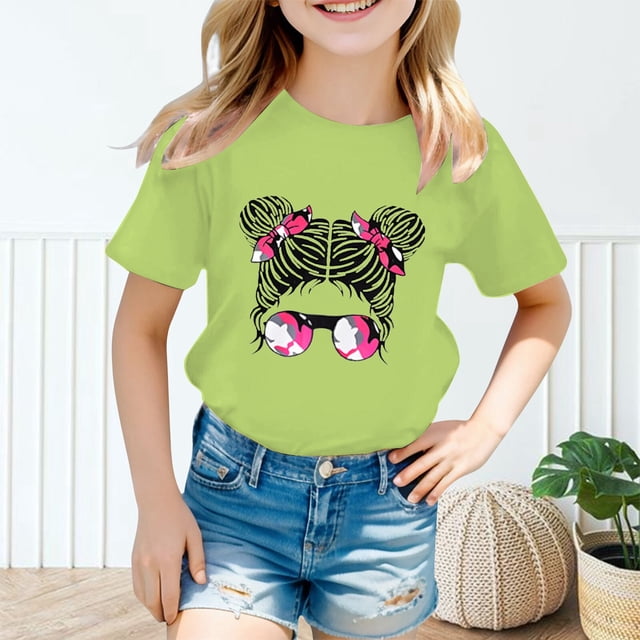 T-shirts Filles Col Rond Imprimé Manches Courtes Tops d'Été pour Adolescentes Chemises Filles 8-9 Ans Mode Filles