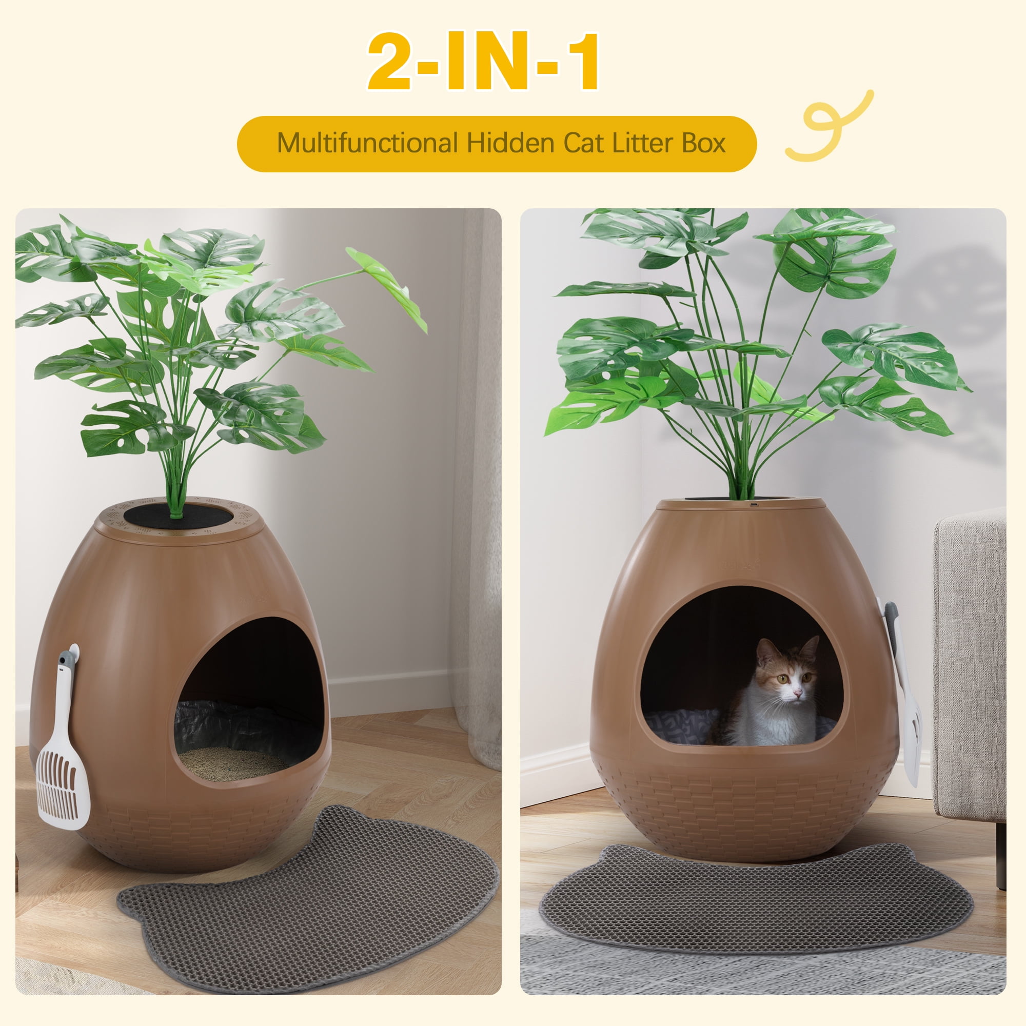 Jaxpety Large Smart Plant Litter Box with Deodorization System, Artificial Plants,5 Cat Litter Bags,Light,Cat Litter Mat,Scoop,Brown