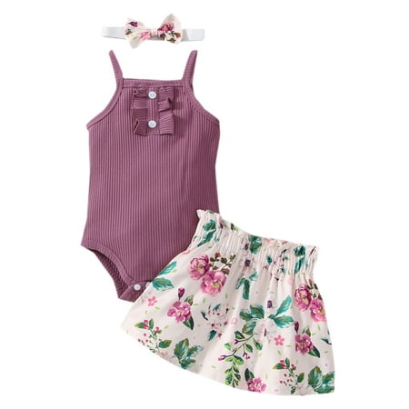 

Bagilaanoe Newborn Baby Girl Floral Skirt Set Sleeveless Strap Bodysuit Tops Flower Print Skirt Headband 3PCS 3M 6M 9M 12M Summer Clothes