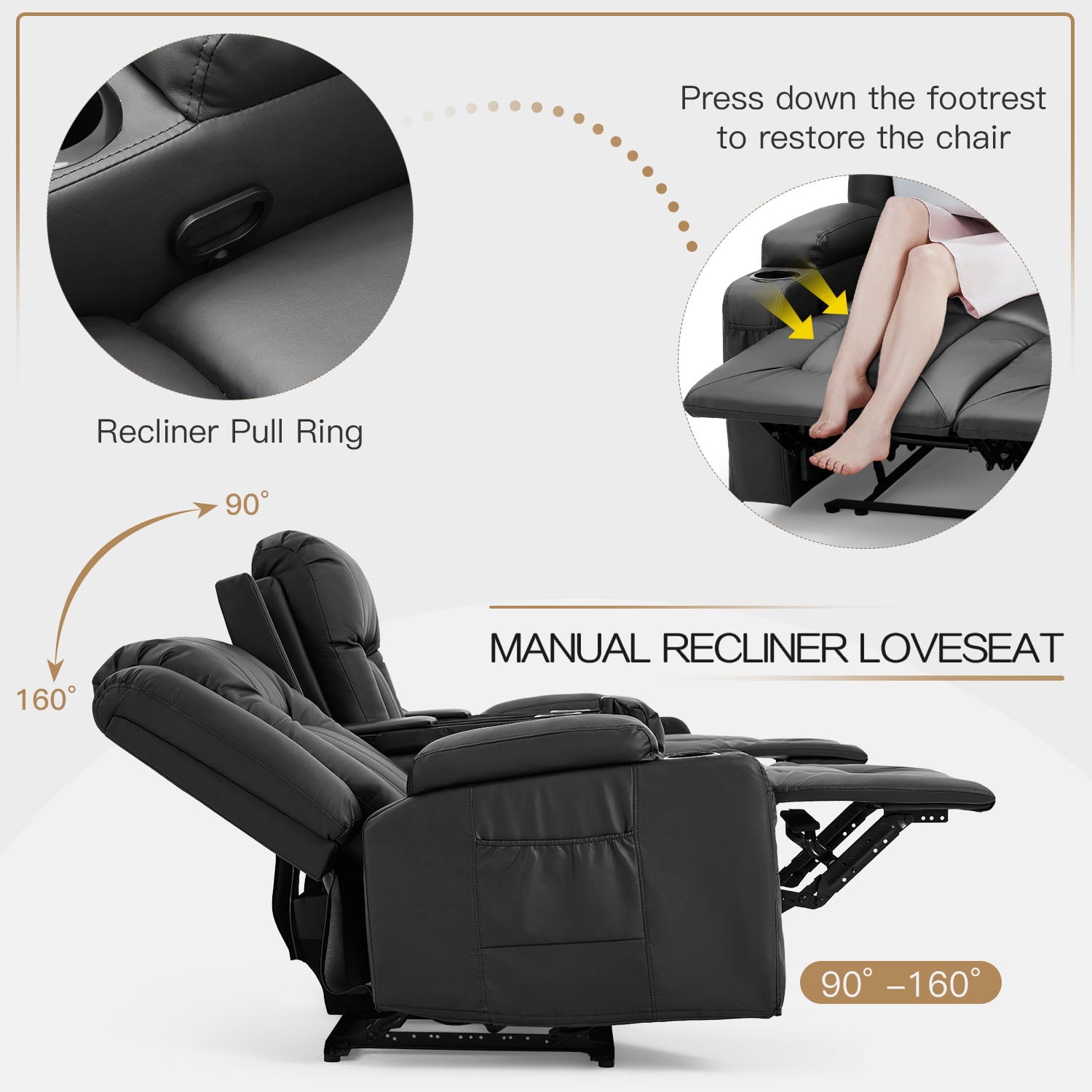AECOJOY Loveseat Recliners with Console&Bluetooth Speakers, Recliner Chair Reclining Sofa with USB Ports&4 Cup Holders, 2 Side Pockets Wall Hugger Recliner Home Theater Seating, Fuax Leather, Black