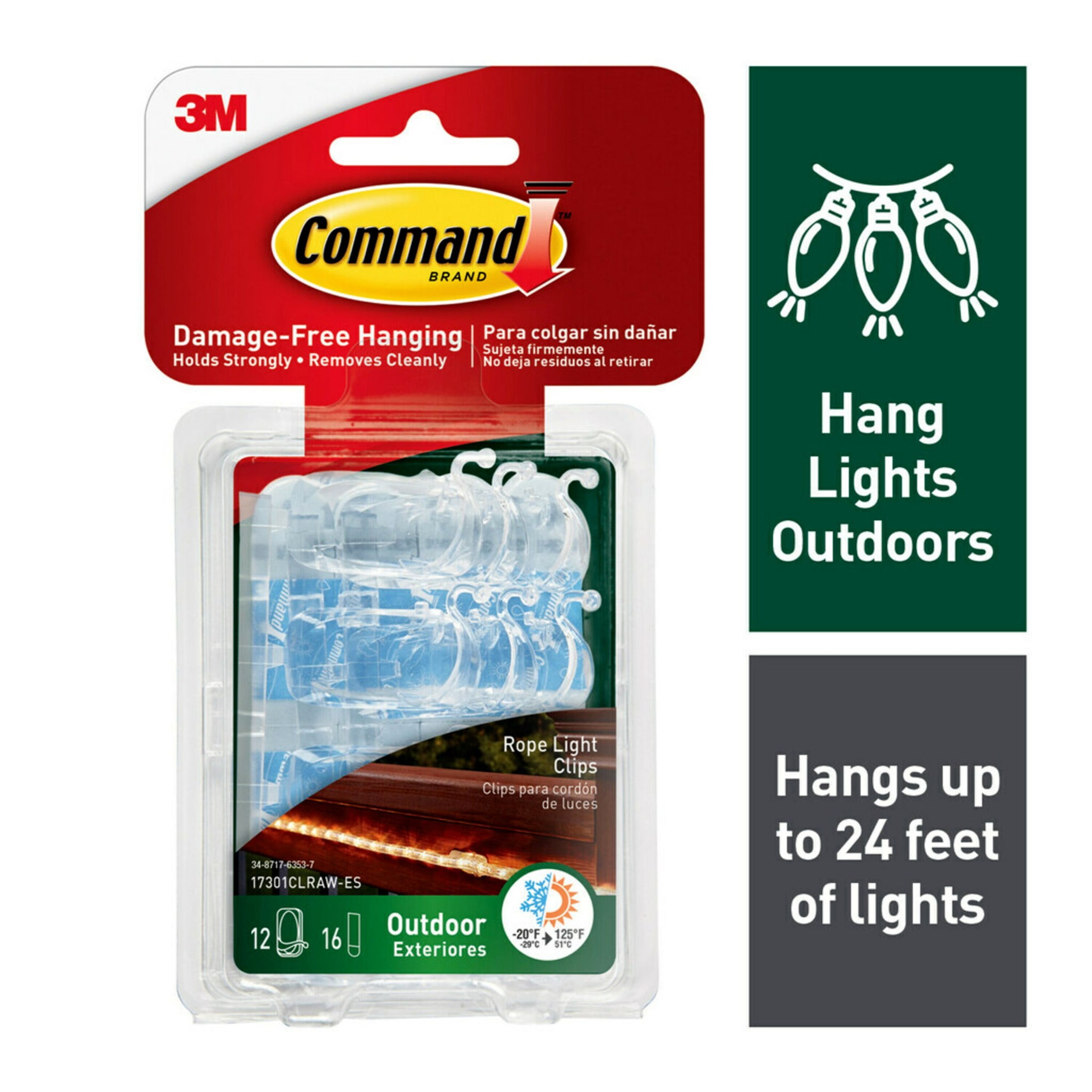 (3 pack) Command Outdoor Rope Light Clips, Clear, Hang Lights, 12 Clips and 16 Strips, Holiday Decorations