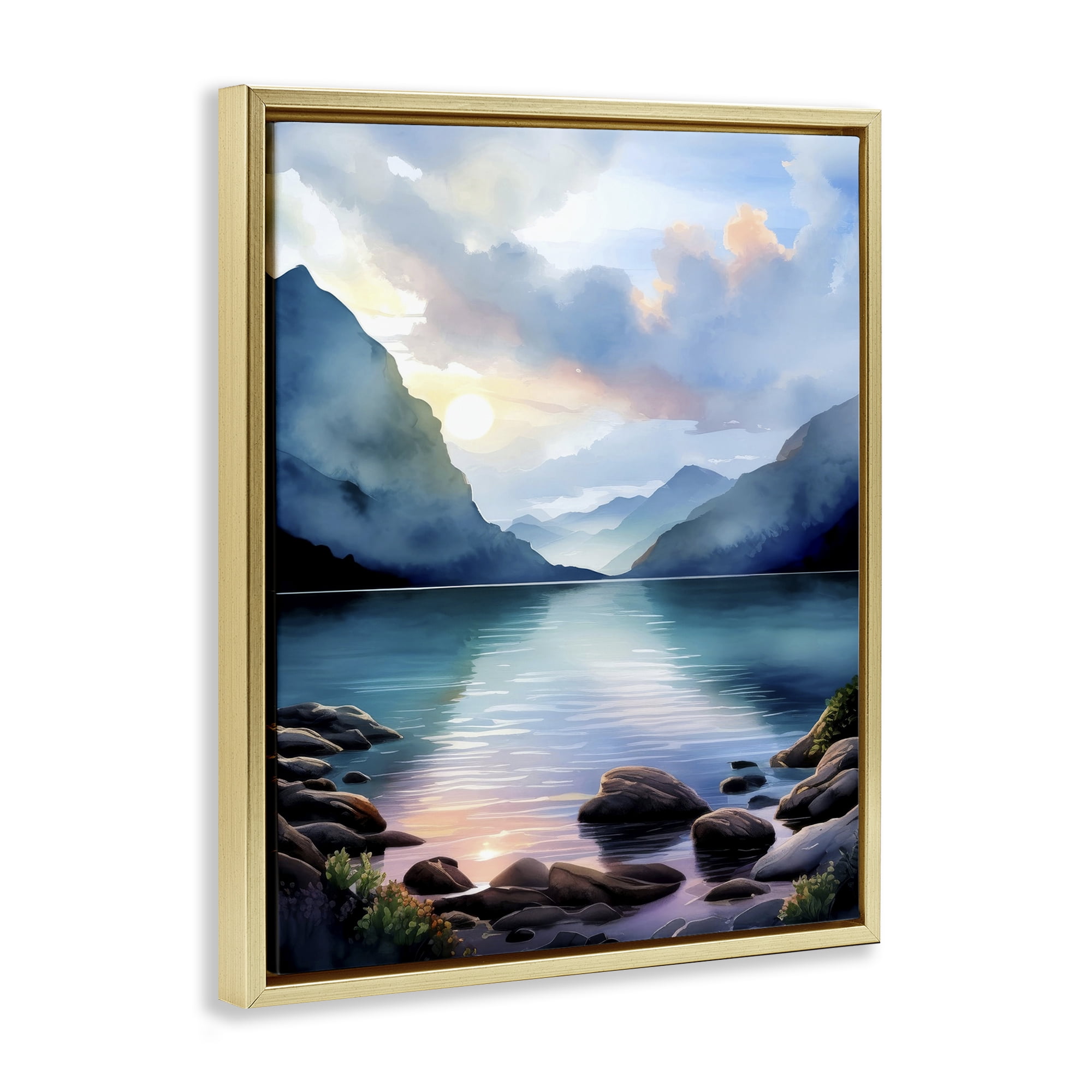 Stupell Industries Rocky Mountain Beach Landscape Painting Gold Floater Framed Art Print Wall Art, 25 x 31