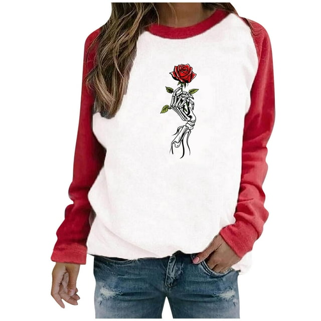 Chandail à Capuche Oversize pour Femmes, Chandail Imprimé Halloween, Col Rond, Manches Longues, Chandail en Molleton Oversize, Col Rond, Grande Taille, Rouge