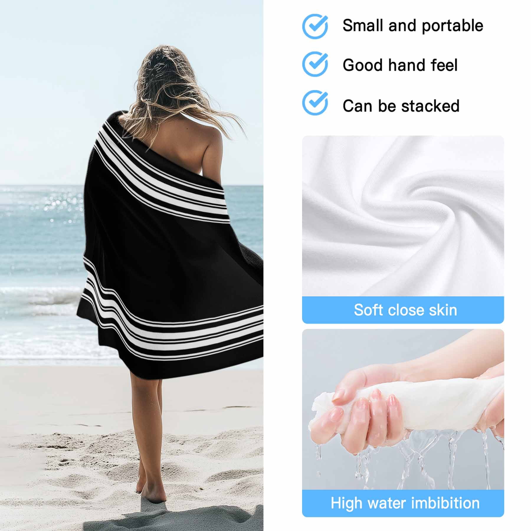Beach Towel Black Striped Bath Pool Towels Black White Stripes Absorbent Beach Towel Soft Large Quick Dry Lightweight Camping Travel Sports Yoga Gym Swim Towels for Adult 35x70 Inch