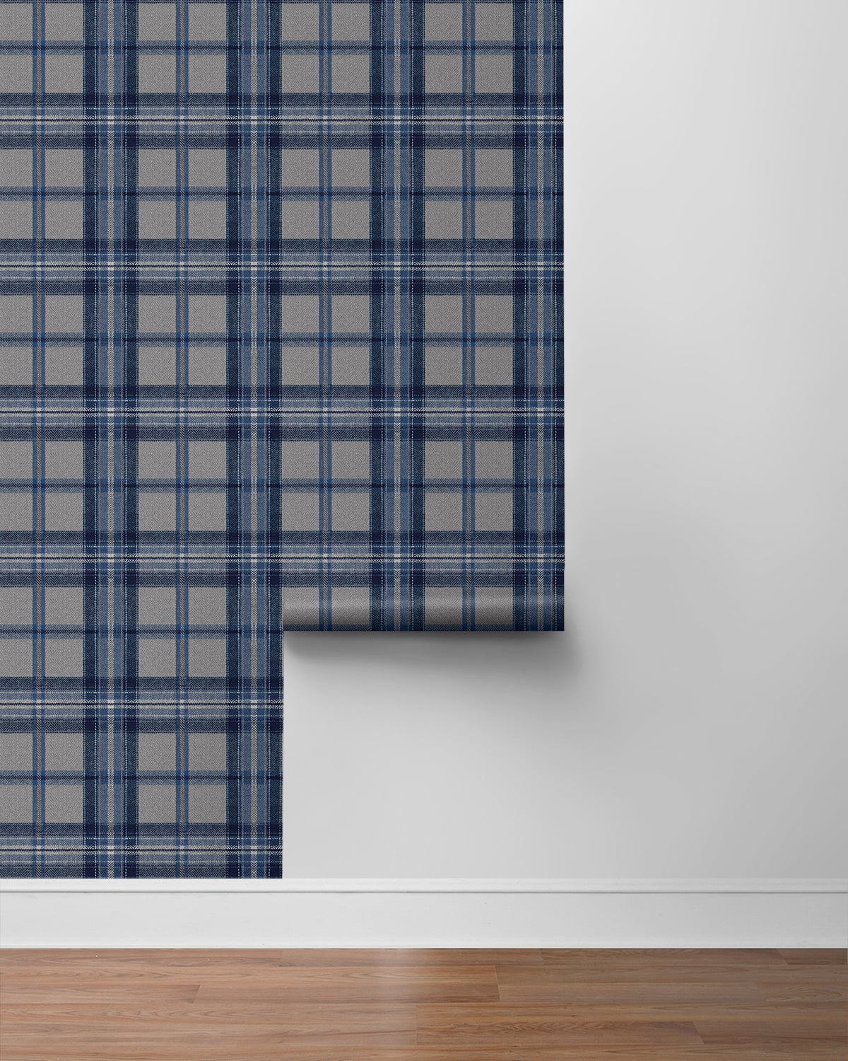Harry & Grace Blue Smoke Herringbone Plaid Premium Matte Non-Woven Peel and Stick Wallpaper - 20.5 in. W x 18 ft. L Roll