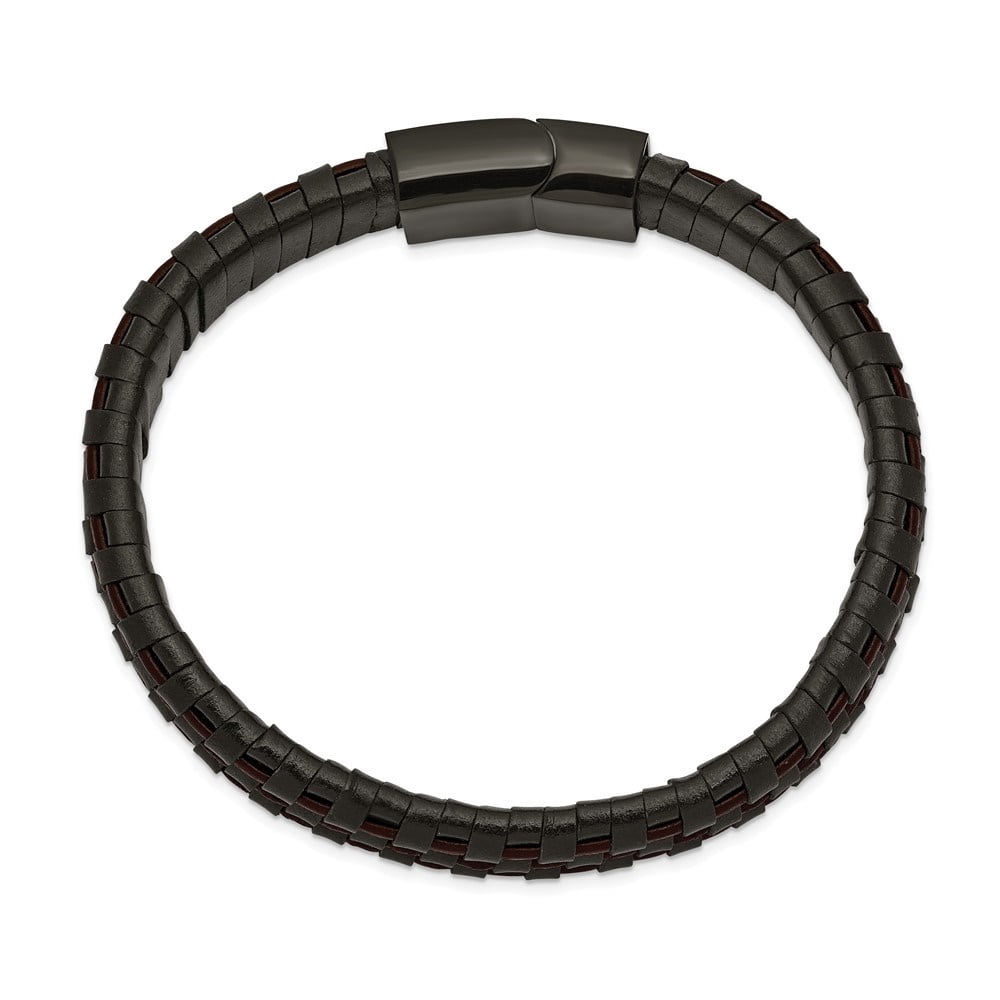 Diamond2Deal Stainless Steel Polished Black IP-Plated Black and Brown Leather Bracelet for Men 8.25"