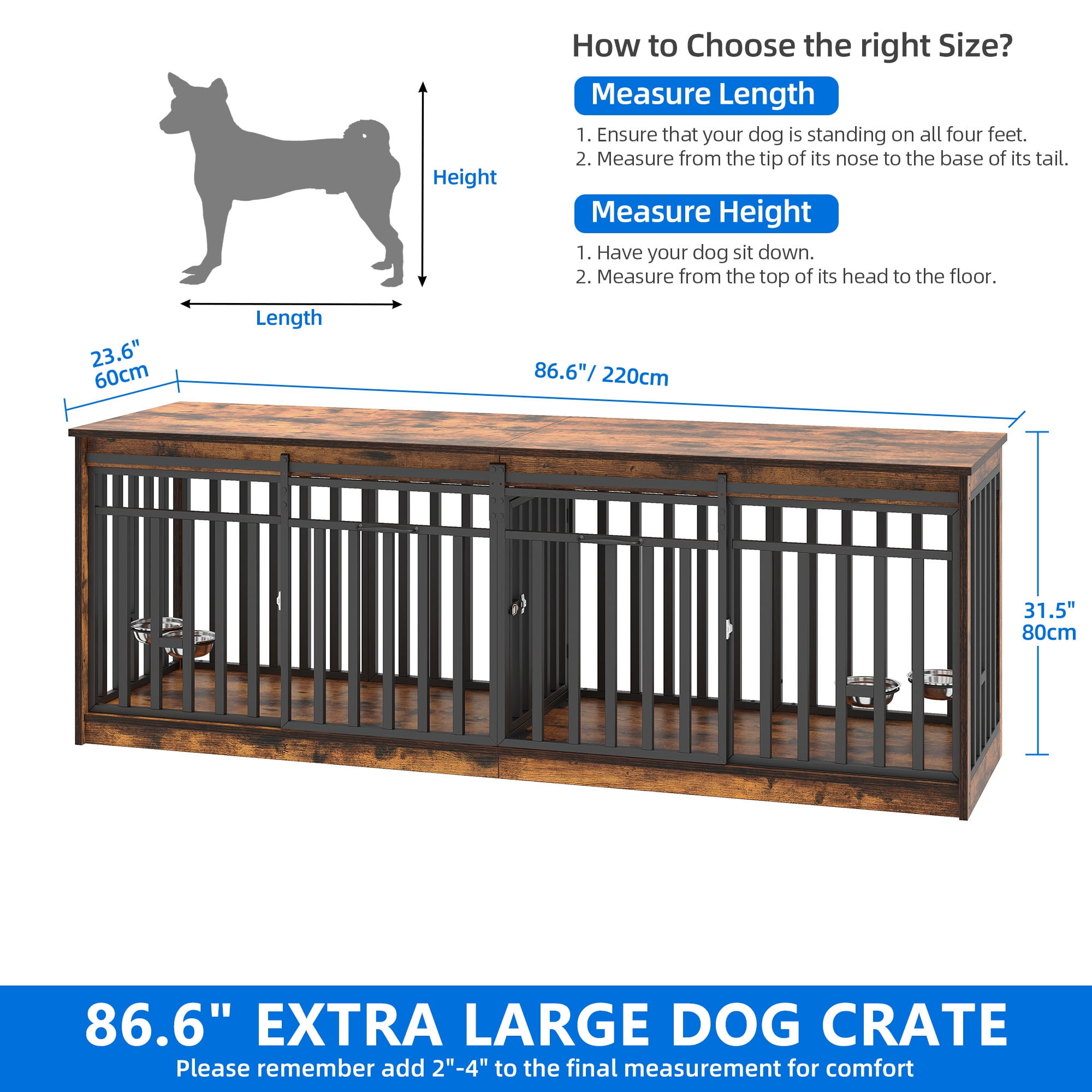 Dextrus Wooden Large Double Dog Crate Furniture for 2 Dogs with 2 Sliding Door, 86.6 in Wood Dual Dog Kennel TV Stand, Rustic Brown