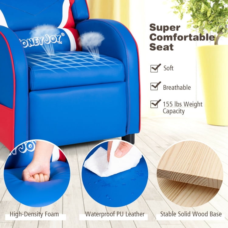 Barara King Kids PU Leather Recliner Chair with Side Pockets, Kids Gaming Sofa Recliner Chair for Living Room, Bedroom, Blue