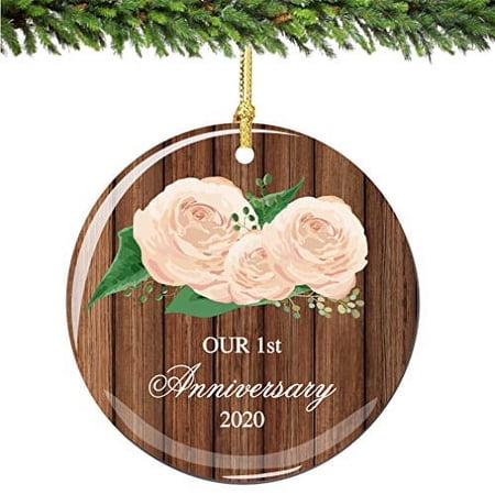 Our 1st Anniversary Christmas Ornament 2023 Rose Porcelain Ornament Newlyweds Husband Wife Rustic Wood and Roses