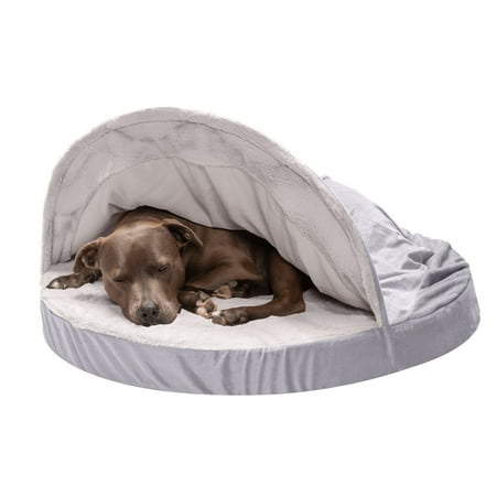 UPC: 0842229123593 | FurHaven Pet Products Orthopedic Wave Fur & Velvet Snuggery Burrow Pet Bed for Dogs & Cats – Dark Gray 35
