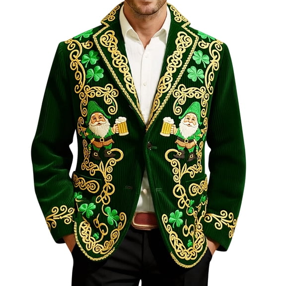 IWRICH Saint Patrick’s Day Corduroy Jacket for Men Shamrock Blazer Printed Sport Coat Party Suit Jacket 02-Green XL