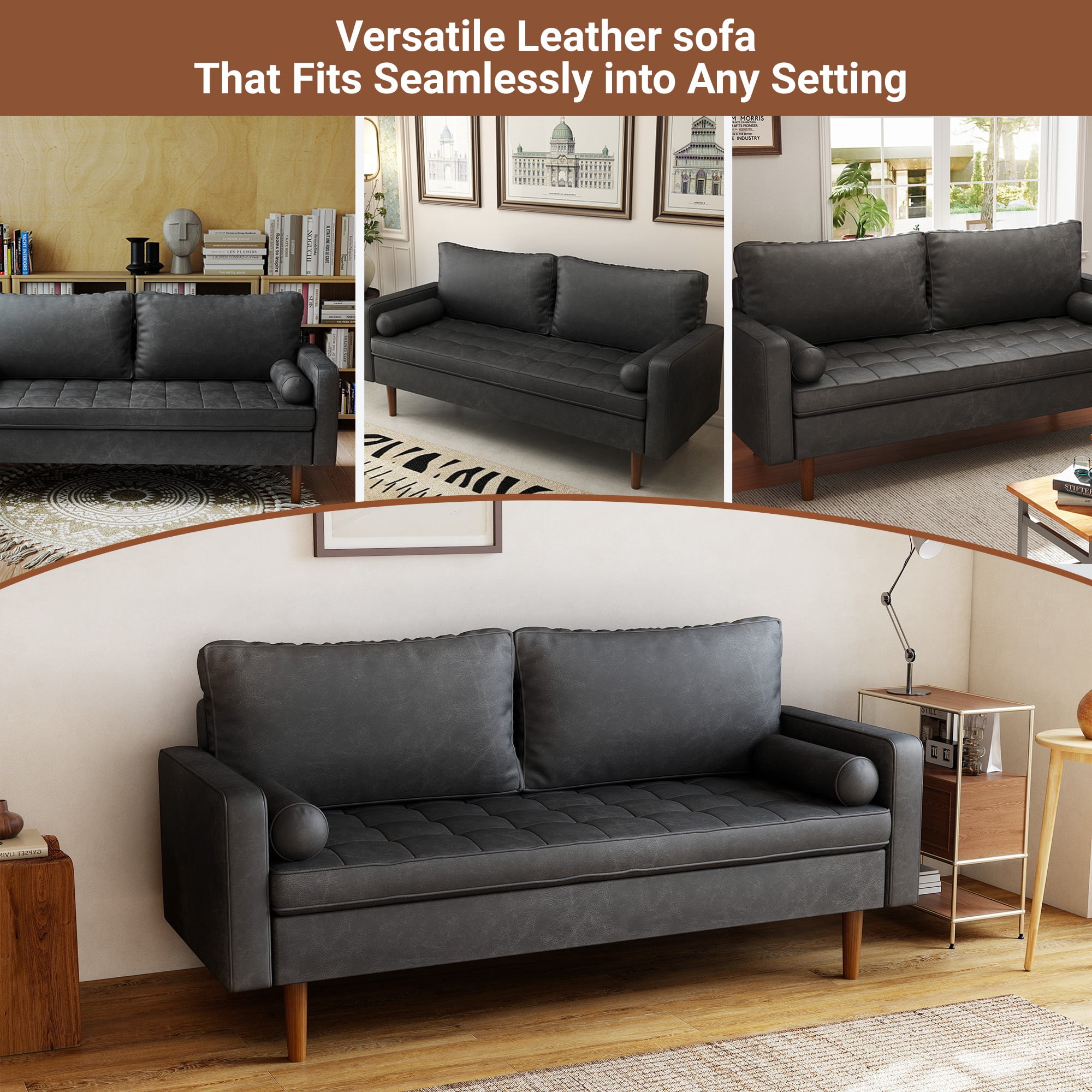 Koby Home 70" Loveseat Sofa with Wood Frame, Mid Century Modern Couch 2 Seater, Faux Leather Love Seat for Small Spaces Charcoal Black