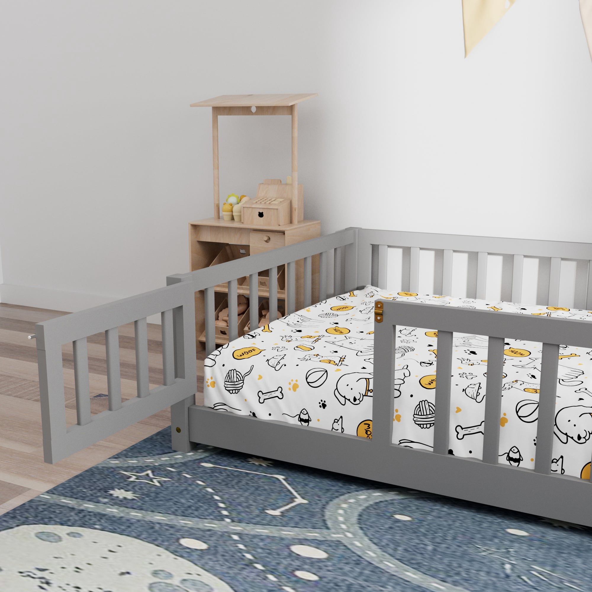 Twin Size Wood Floor Bed Frame with Fence and Door, Gray
