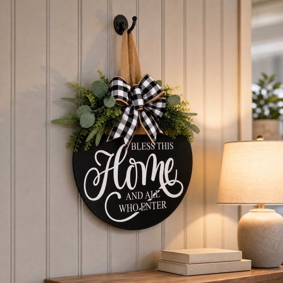 Bless This Home Front Door Sign 3D ,Wooden Farmhouse Door Hanger with Faux Greenery and Buffalo Plaid Bow,Rustic Welcome Decor 12 inch