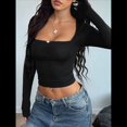 thumbnail image 4 of Camisas de Cuello Cuadrado para Mujer, Camisetas de Larga Ajustadas para Salir Negro S, 4 of 7