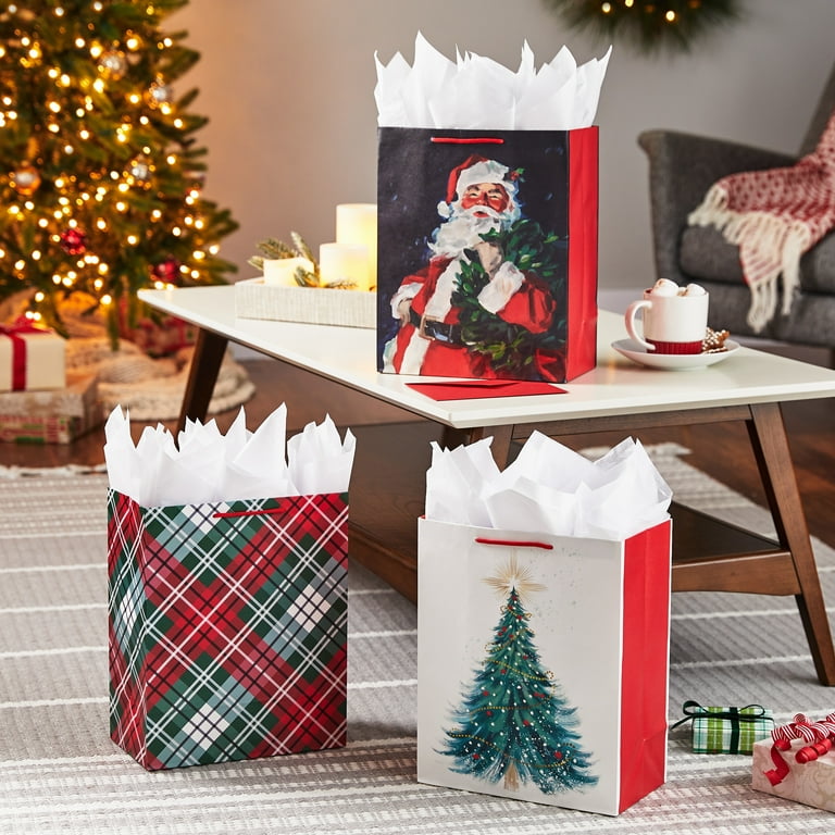 Hallmark 13 Large Christmas Gift Bag Set 3 Bags Traditional Santa Red and Green Plaid Christmas Tree
