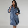 thumbnail image 4 of AURA Plus Size Washed Denim Fringe Dress Mid Length Collared Five Sleeve Elegant Work Style, 4 of 8