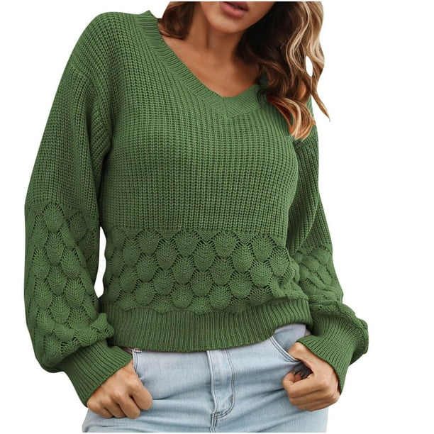 Suéteres para mujer Suéteres de otoño Tridimensional Pluma Cuello en V Sólido Punto Casual Moda Linterna Manga larga Tops Blusa Odeerbi ODB-5